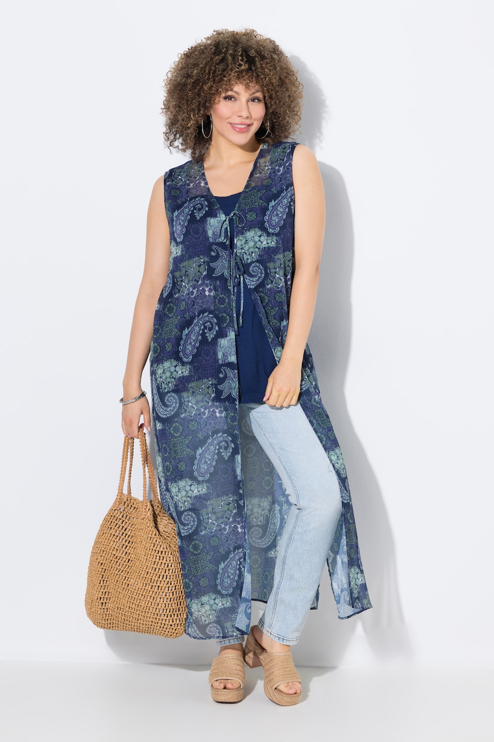 Longbluse, Patchmuster, A-Linie, ärmellos