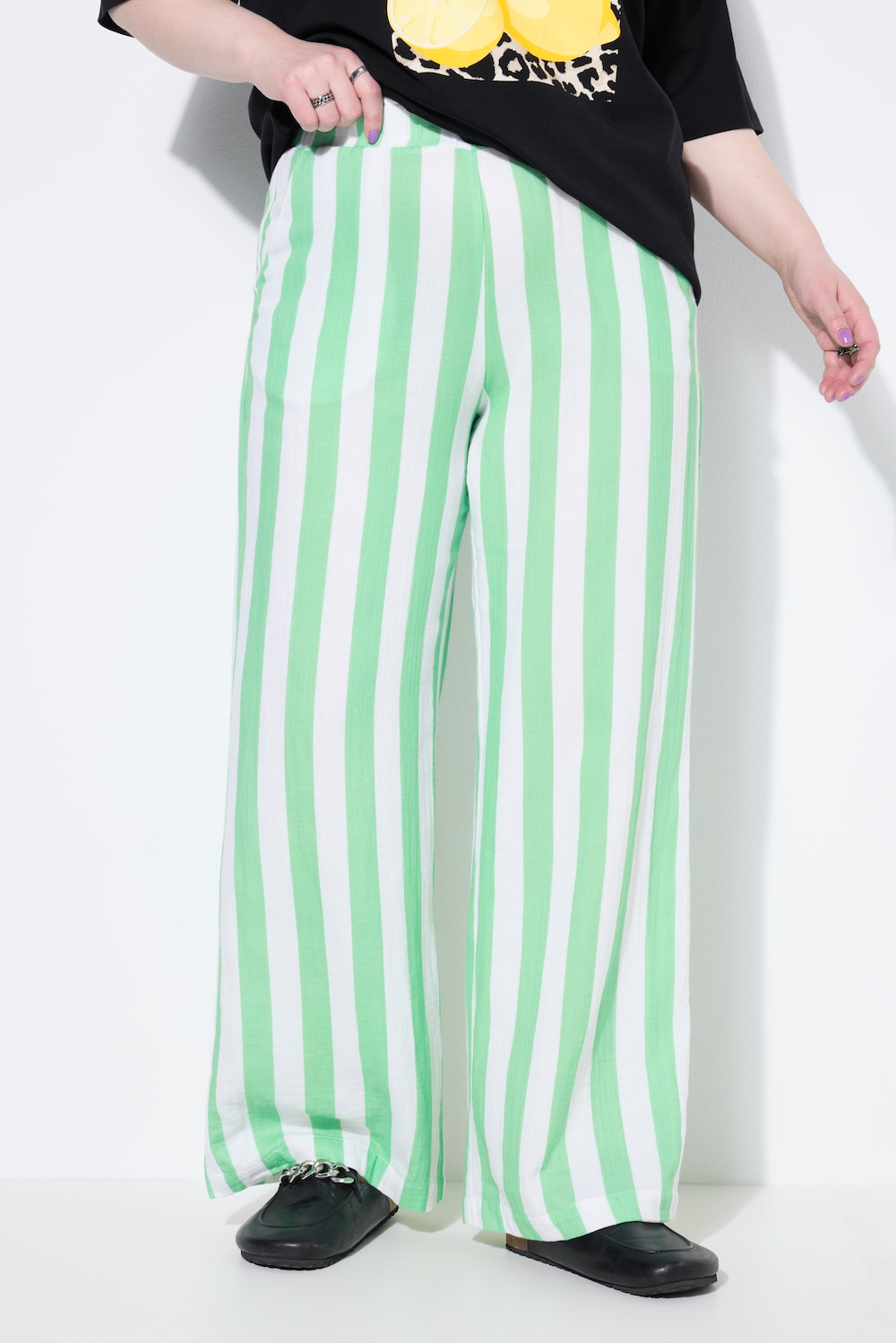 Musselin-Hose, Wide Legs, Streifen, Elastikbund