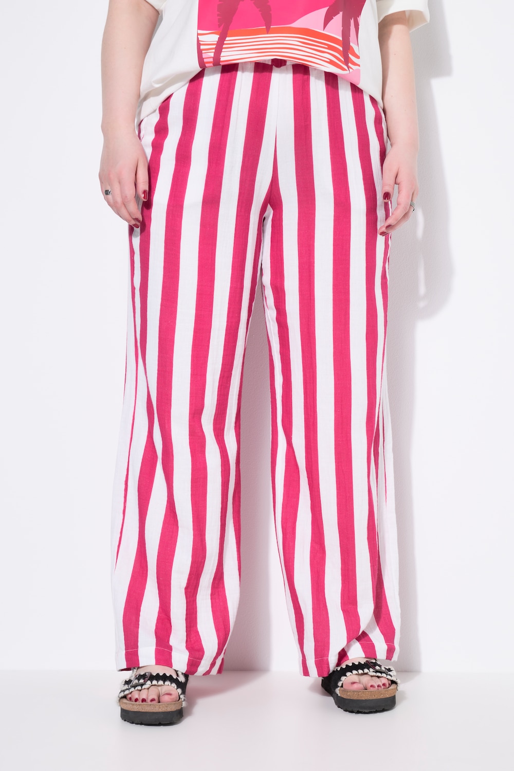 Musselin-Hose, Wide Legs, Streifen, Elastikbund