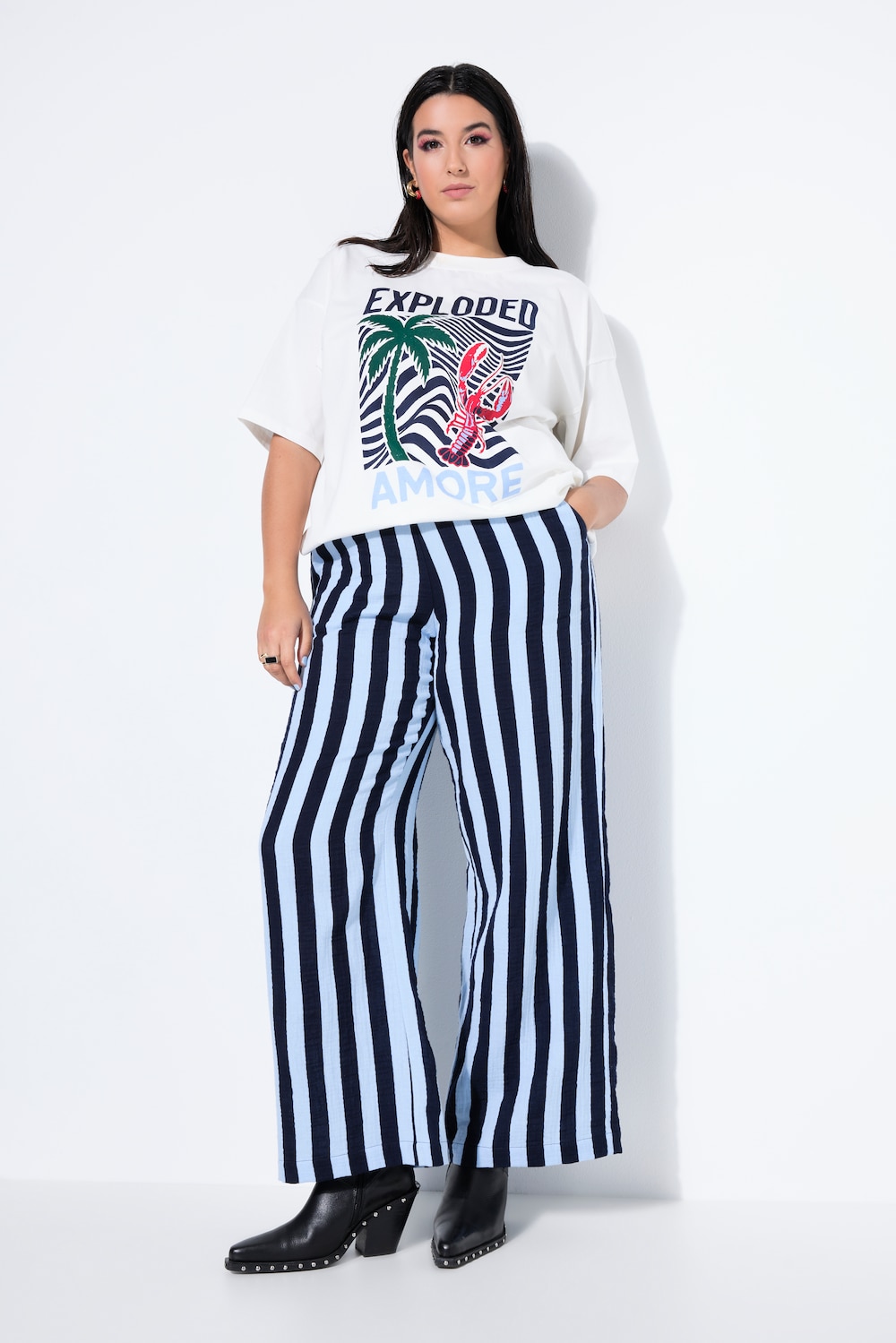 Musselin-Hose, Wide Legs, Streifen, Elastikbund