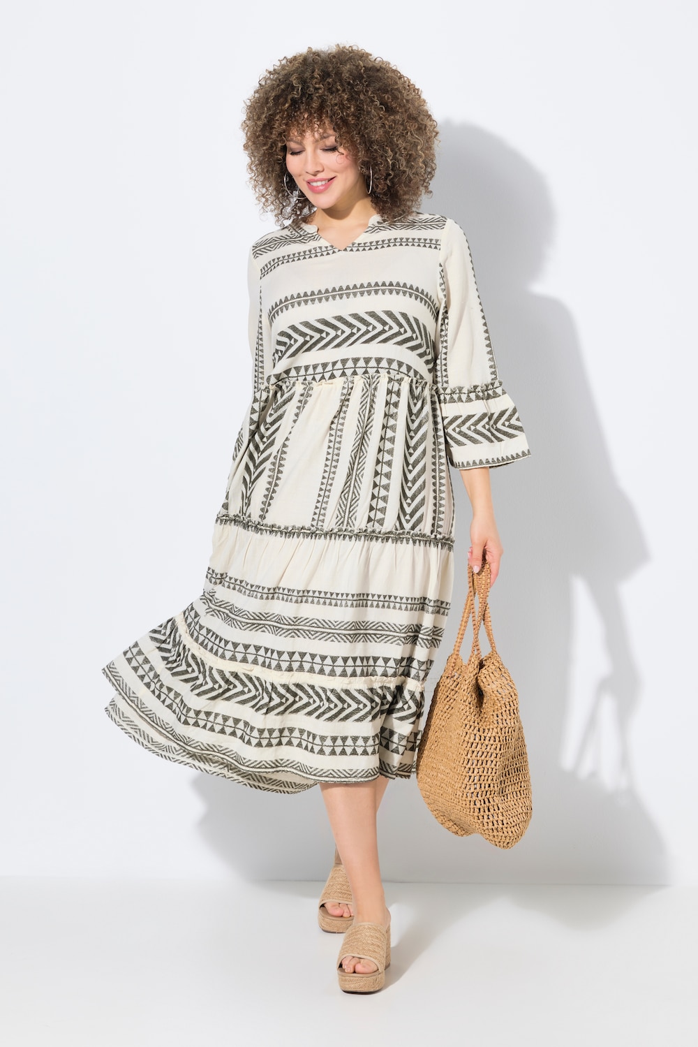 Kaftan-Kleid, Volants, A-Linie, 3/4-Arm