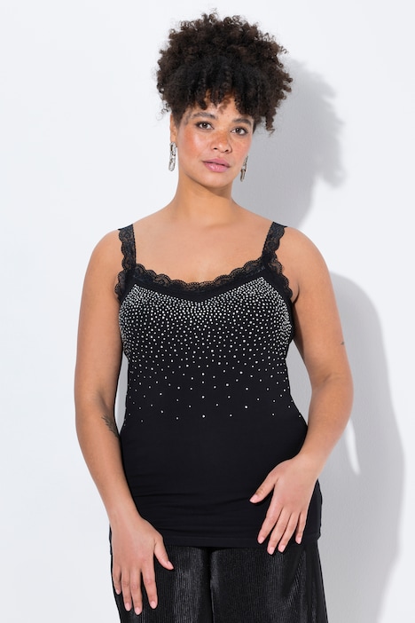 Top, mouwloze slim fit, glittersteentjes, kant