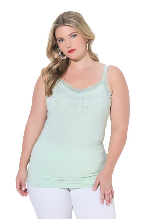 Top, Slim střih bez rukávů, třpytivé kamínky, krajka