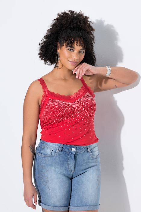 Top, mouwloze slim fit, glittersteentjes, kant