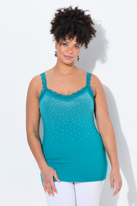 Top, mouwloze slim fit, glittersteentjes, kant