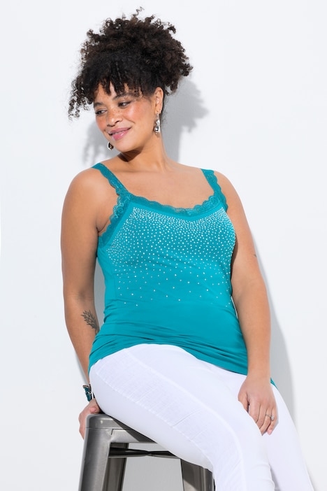 Top, mouwloze slim fit, glittersteentjes, kant