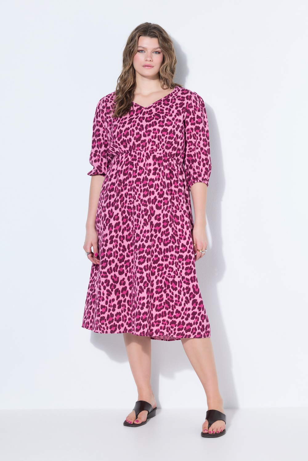 Midikjole, A-linje, farget leopard, puffermer