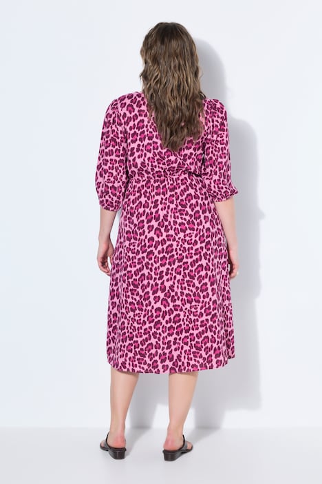 Robe midi, imprimé léopard coloré, manches bouffantes et coupe évasée