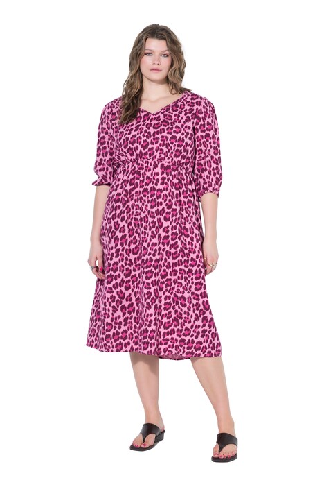 Midi šaty, A střih, barevný leopardí vzor, nabírané rukávy