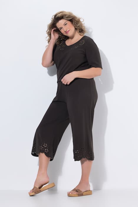 Pantalon capri, dentelle, ourlet évasé, coton bio