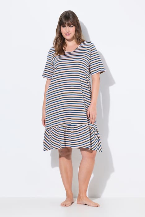 Eco Cotton Striped Short Sleeve Flounce Panel Nightgown