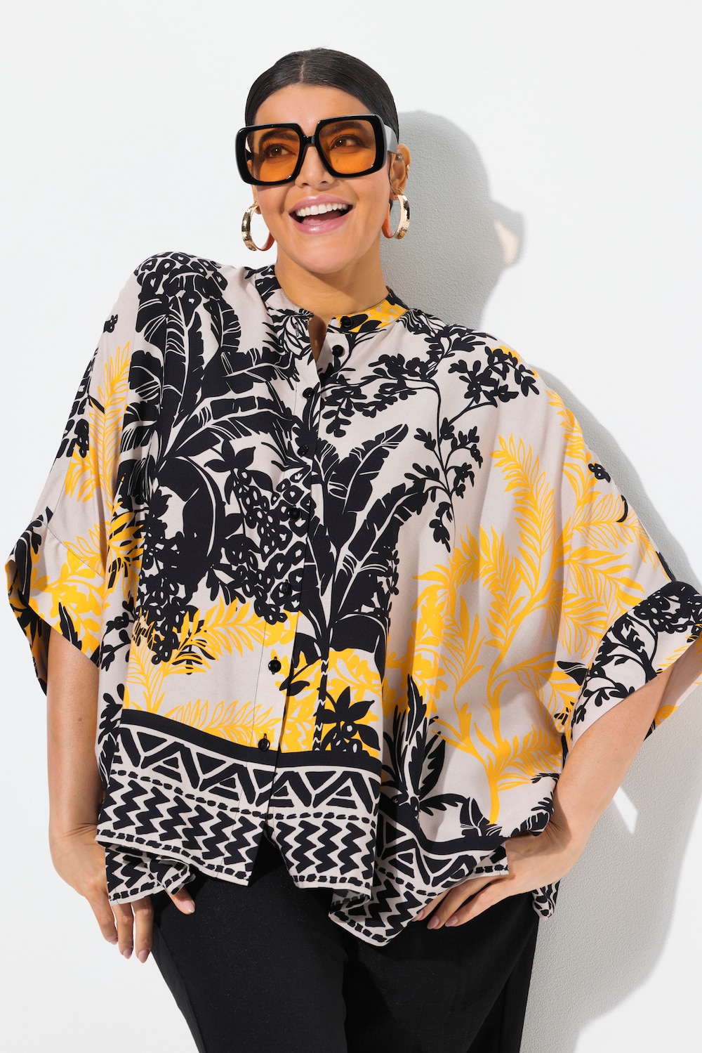 Bluse, Palmen, Oversized, Rundhals, Halbarm