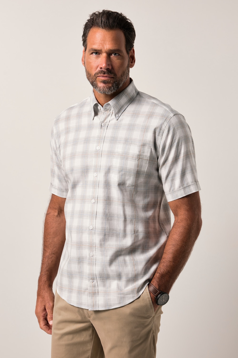 JP1880 geruit flanellen overhemd, korte mouw, buttondown-kraag, modern fit, tot 8XL