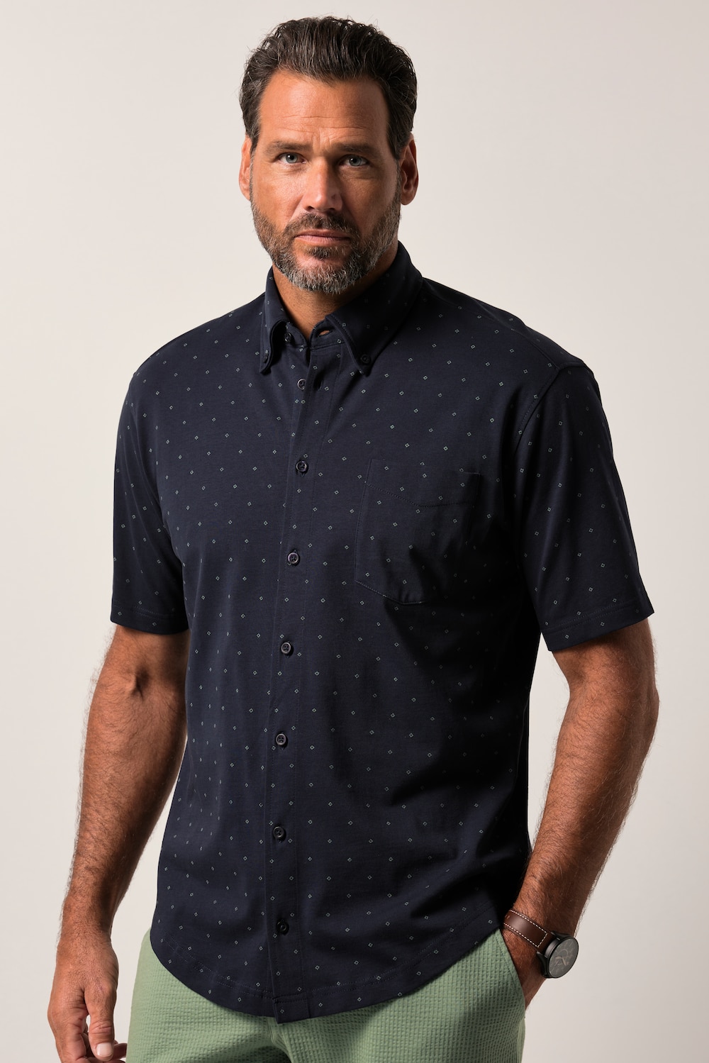 JP1880 jersey overhemd, korte mouw, buttondown-kraag, minimalistisch motief, modern fit, tot 8XL