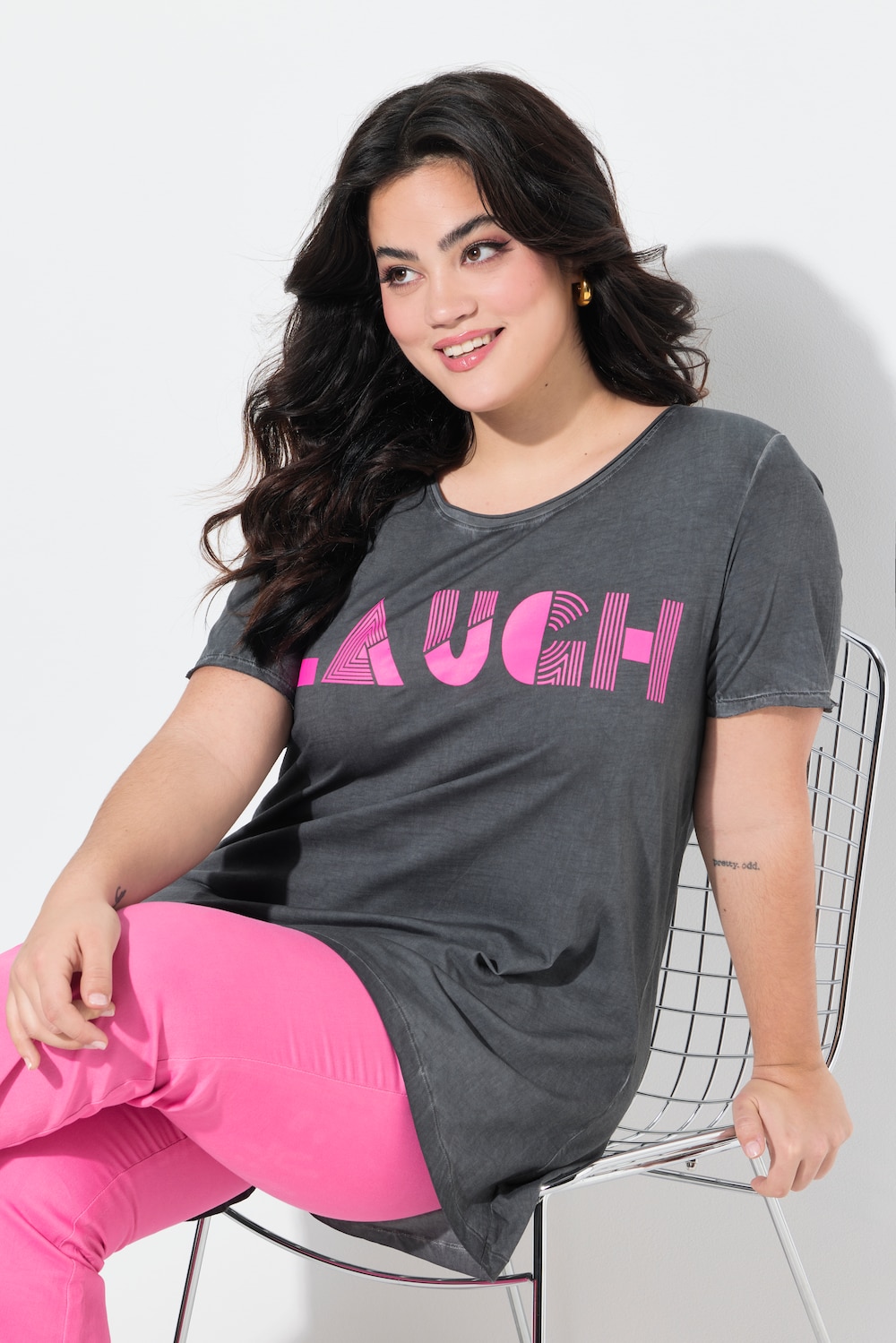 T-shirt, A-lijn, oplichtende tekst LAUGH