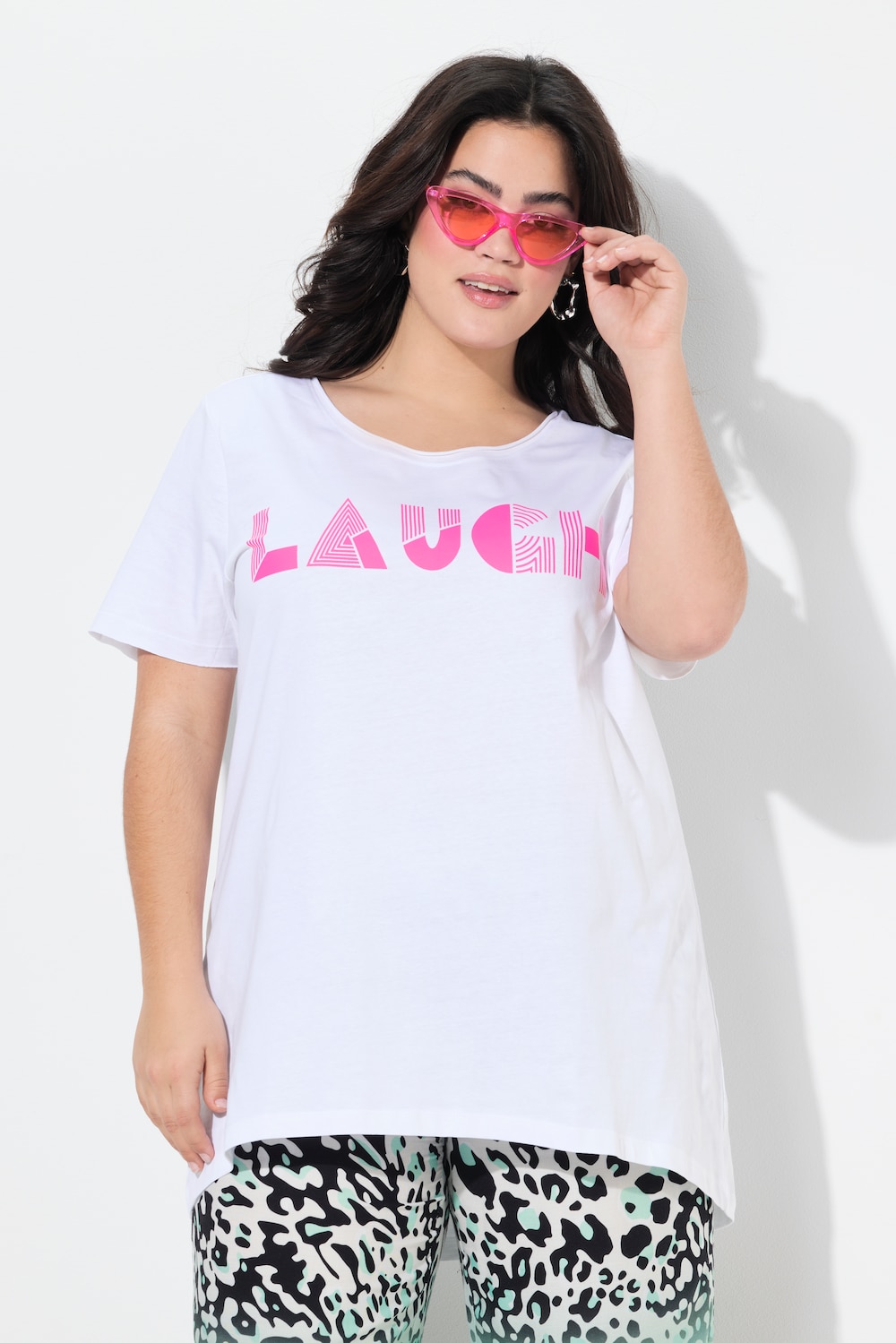 T-shirt, A-lijn, oplichtende tekst LAUGH