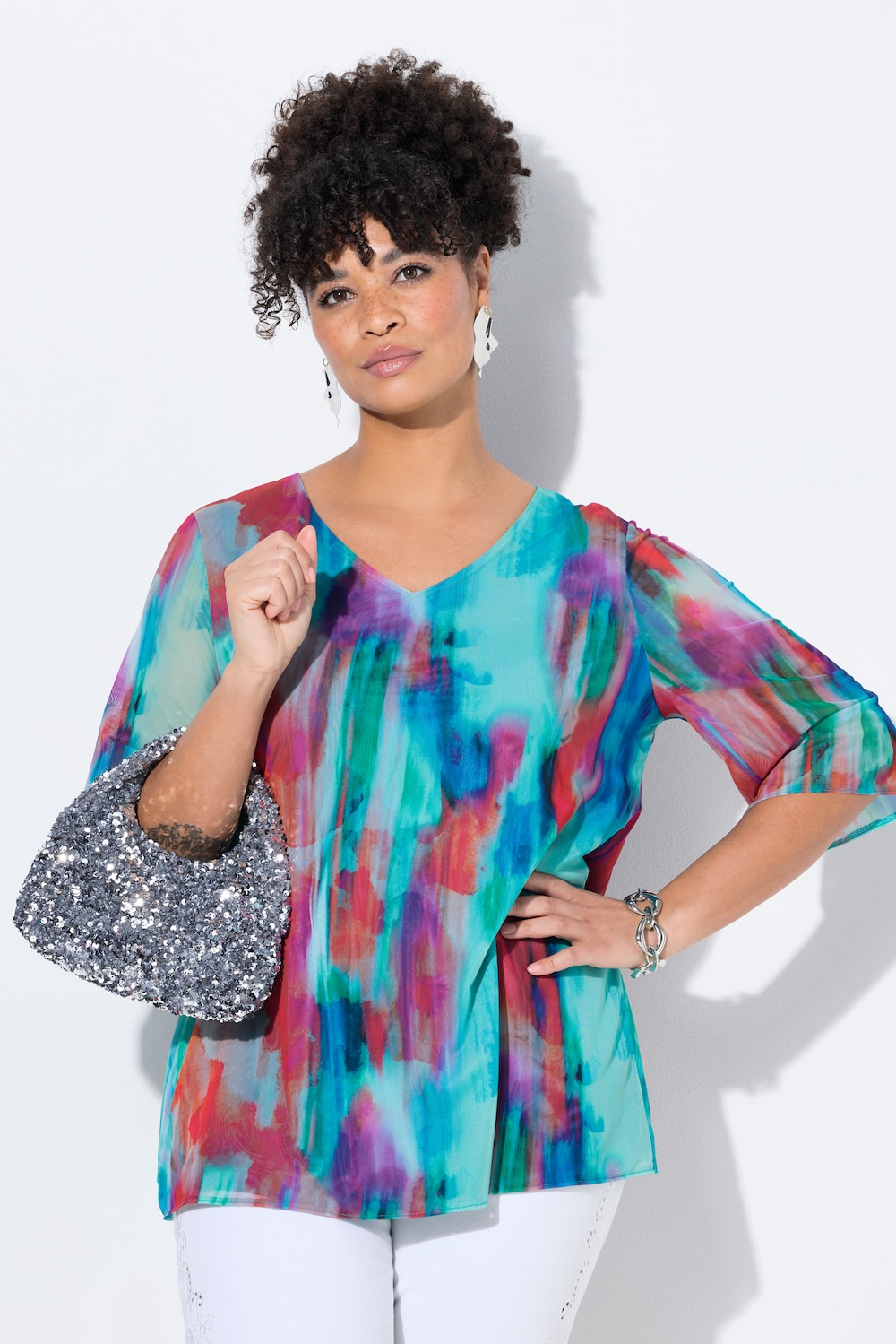 Meshblouse, A-lijn, mesh met kleurrijke all-over print
