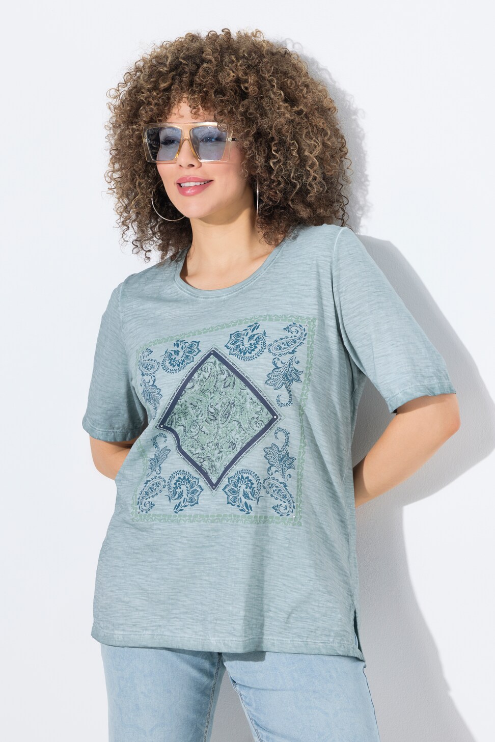 Ulla Popken T-Shirt Donna Taglio Svasato Con Design Mandala – Scollo Girocollo E Mezze Maniche – Morbido Jersey – Modello 838774
