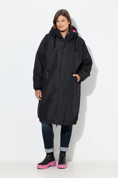 Funktionsmantel, oversized, Teddyfutter, Kapuze, 2-Wege-Zipper