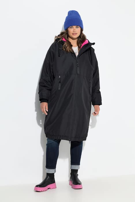 Funktionsmantel, oversized, Teddyfutter, Kapuze, 2-Wege-Zipper