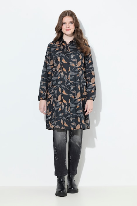 Chemisier long motif à feuilles, col de chemise et manches longues, coupe évasée