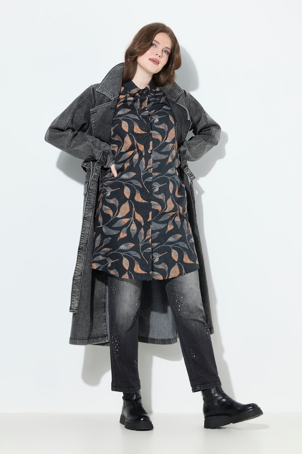 Lange blouse, bladeren, A-lijn, overhemdkraag, lange mouw