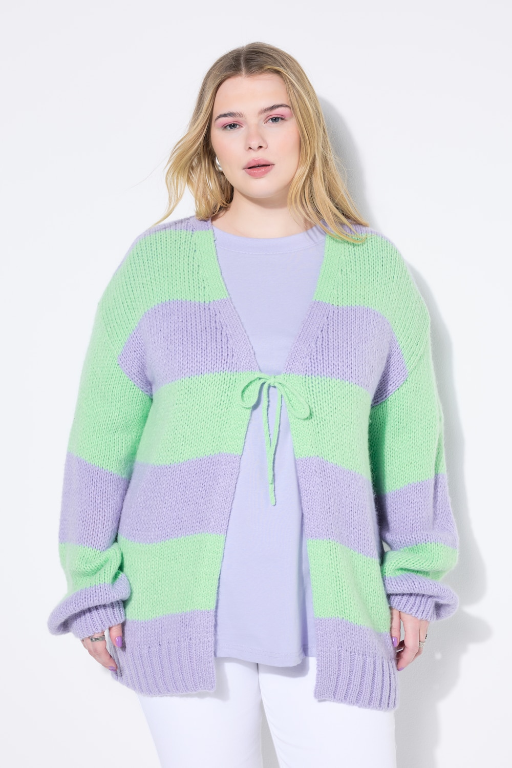 Strickjacke, oversized, Blockstreifen, Bindeband