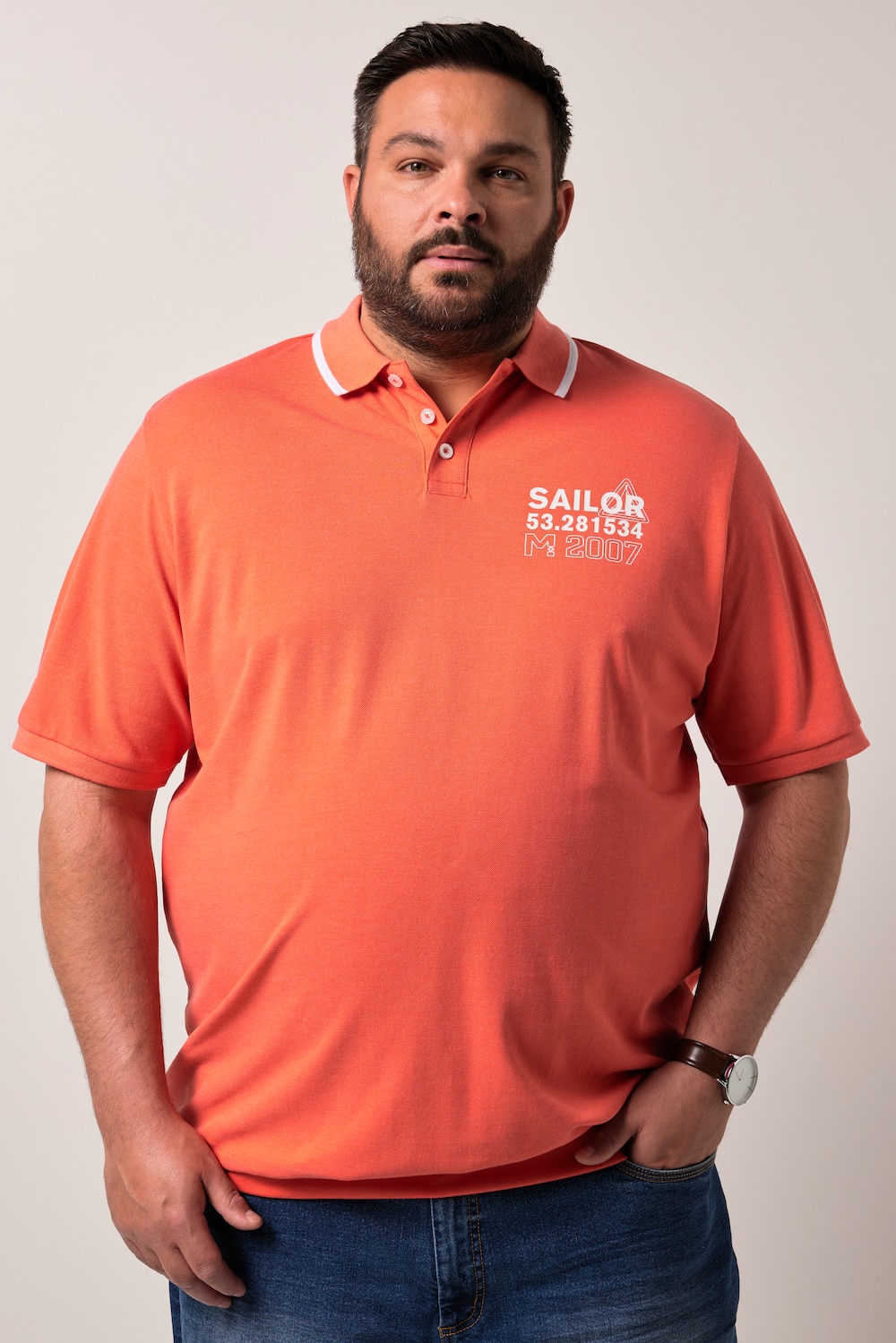 Men+ poloskjorte magepassform, halve ermer, pique, trykk, opptil 8 XL