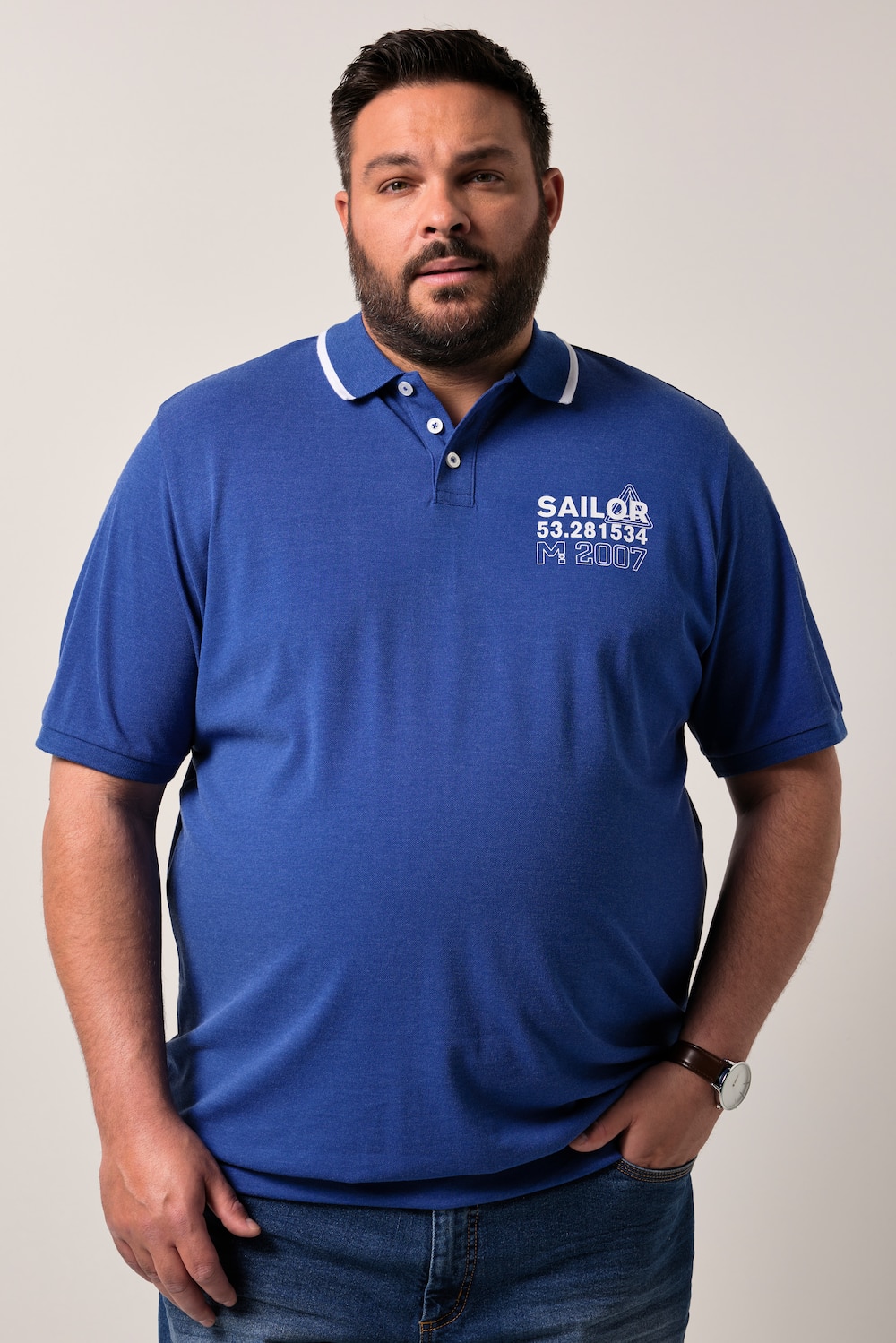 Men+ poloskjorte magepassform, halve ermer, pique, trykk, opptil 8 XL