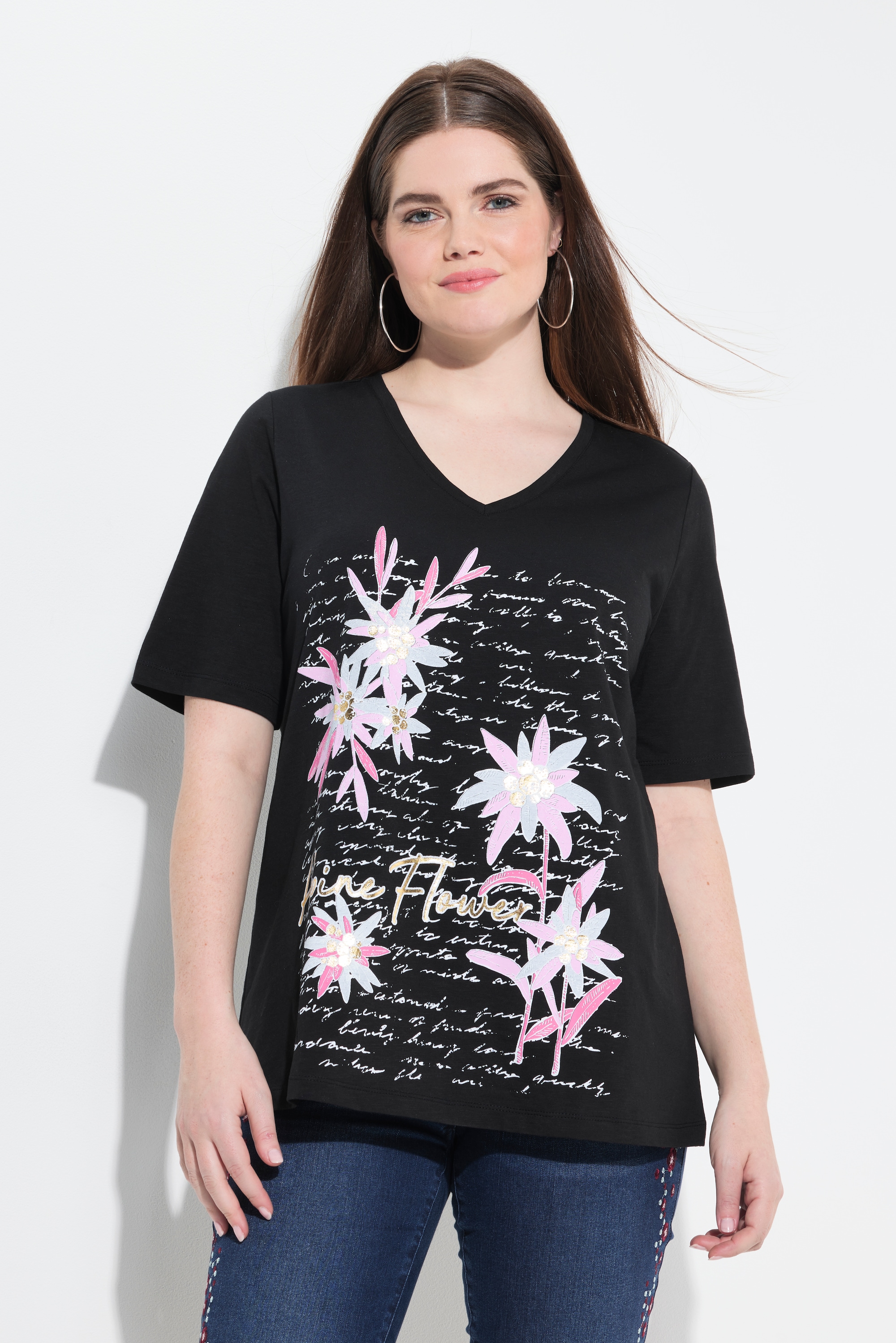 Ulla Popken Damen große Größen T Shirt Trachtenmotiv Classic V Ausschnitt
