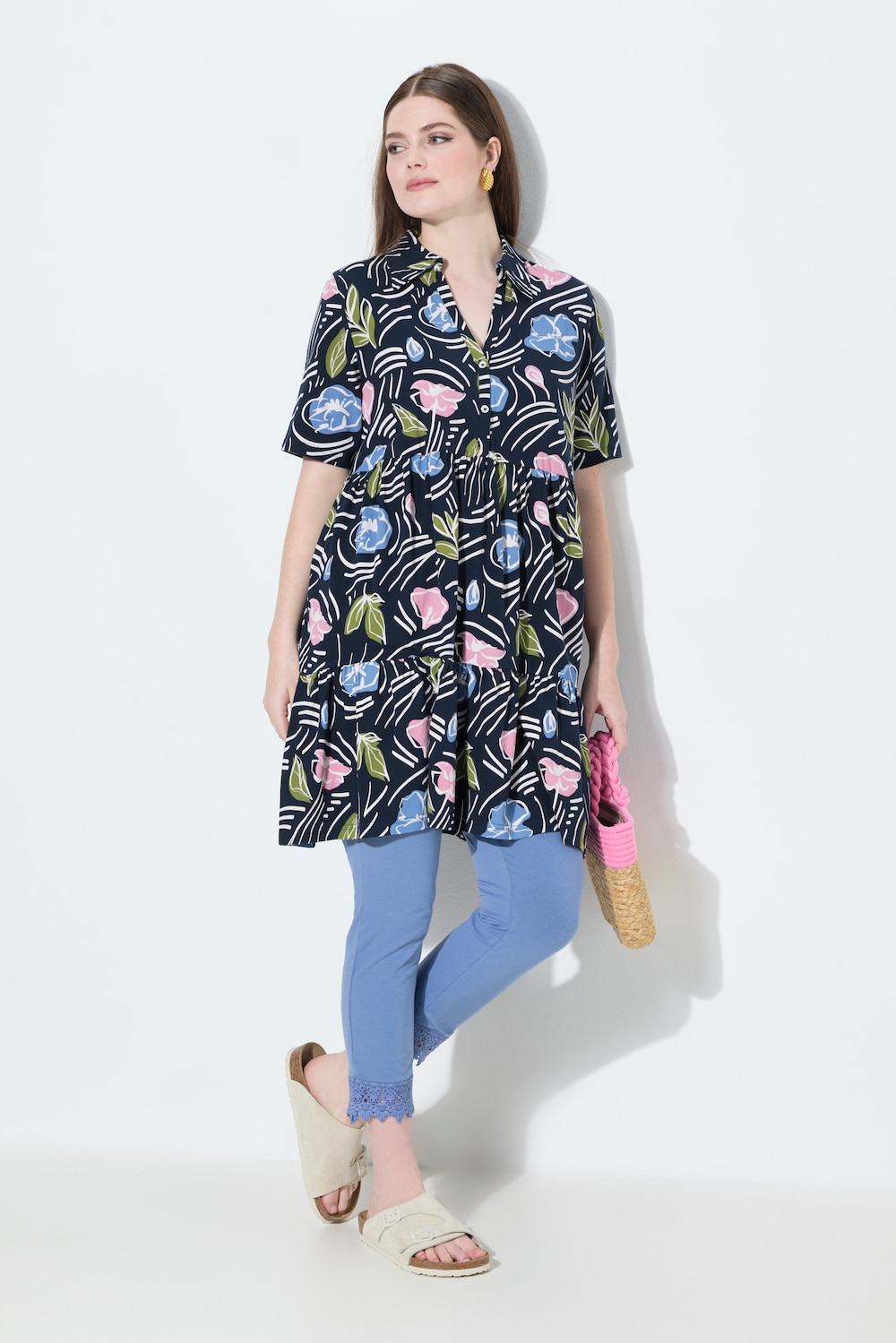 Longshirt, Blüten, A-Linie, Polokragen, Halbarm