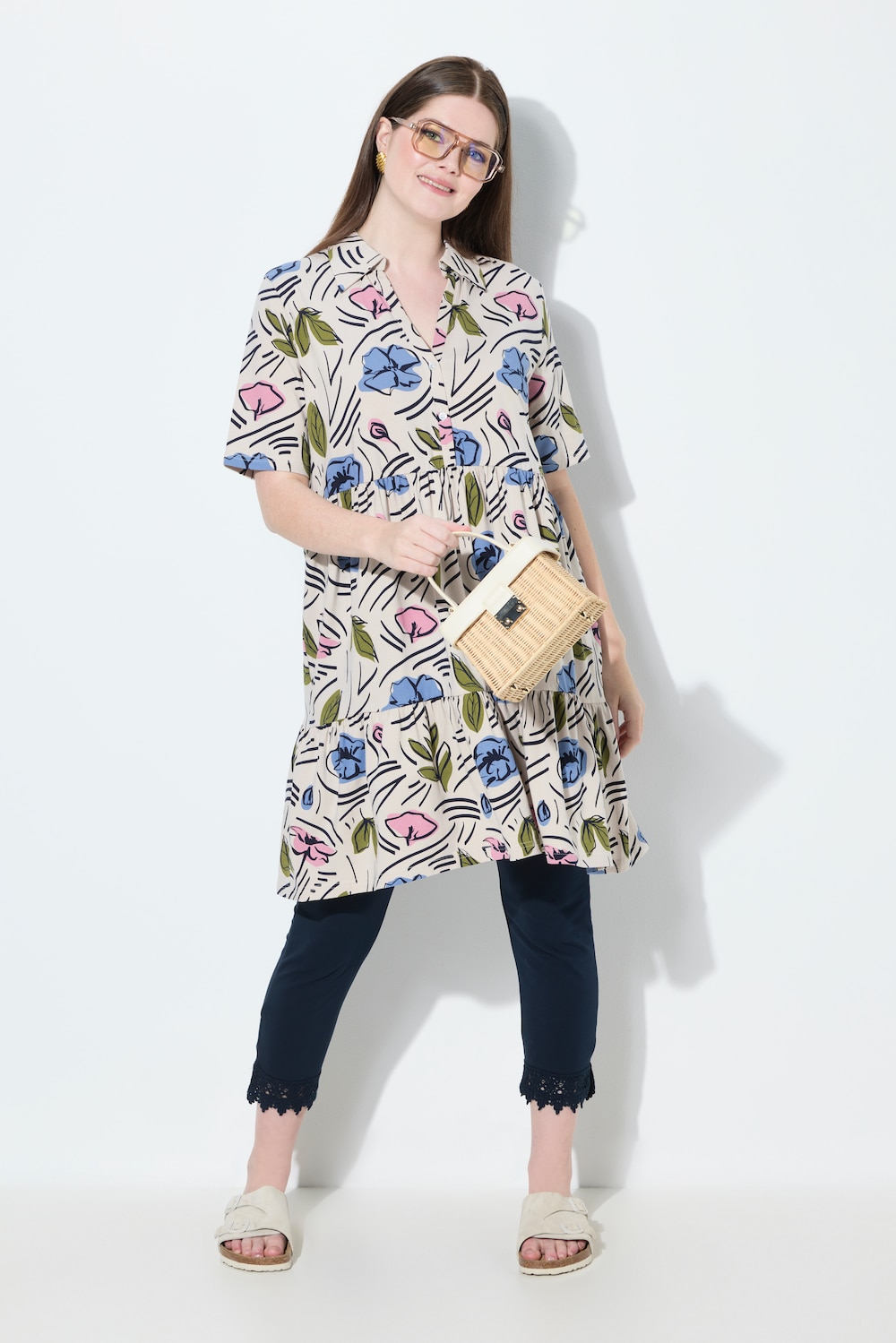 Longshirt, Blüten, A-Linie, Polokragen, Halbarm