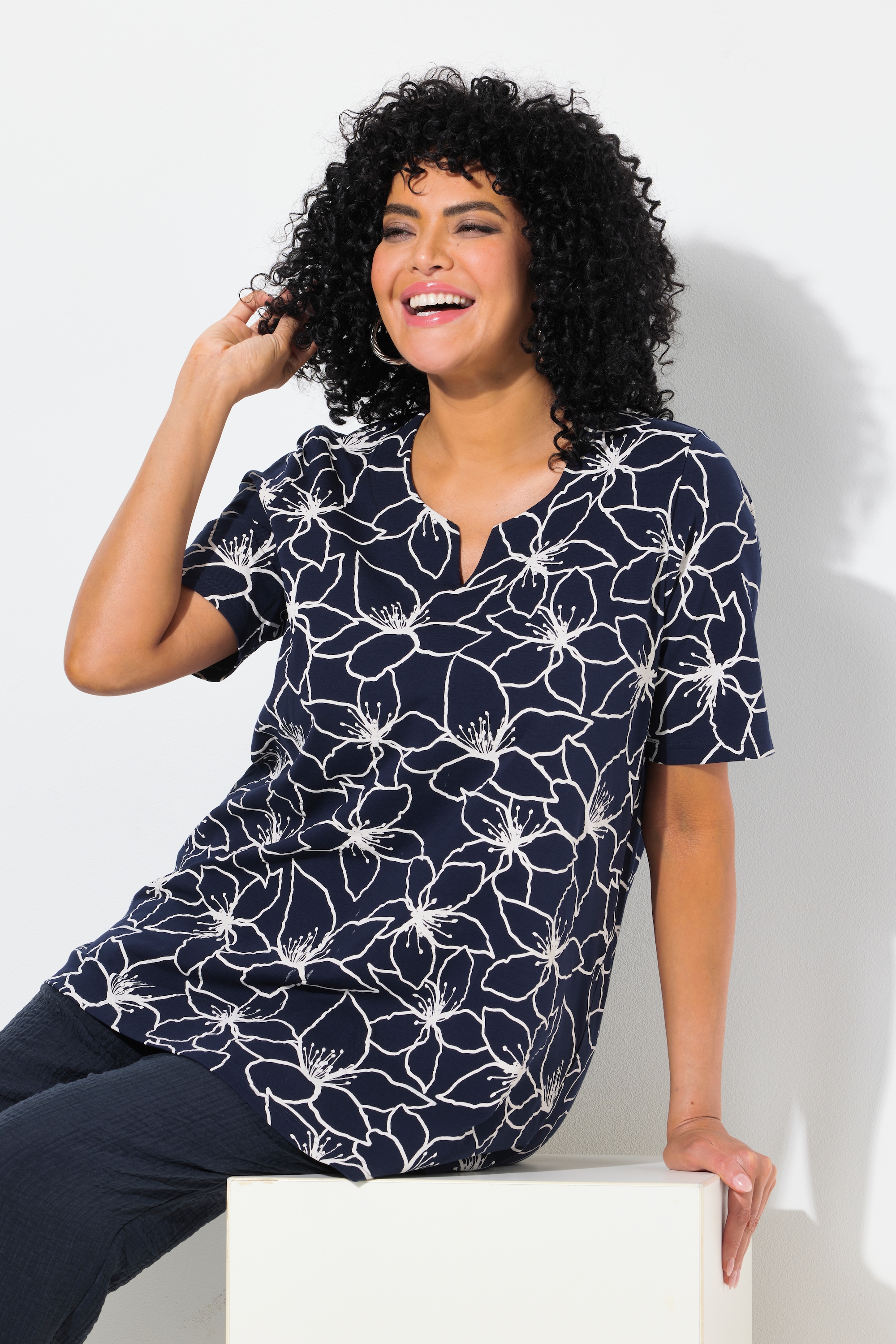 Ulla Popken Damen große Größen T Shirt Blüten A Linie Tunika Ausschnitt