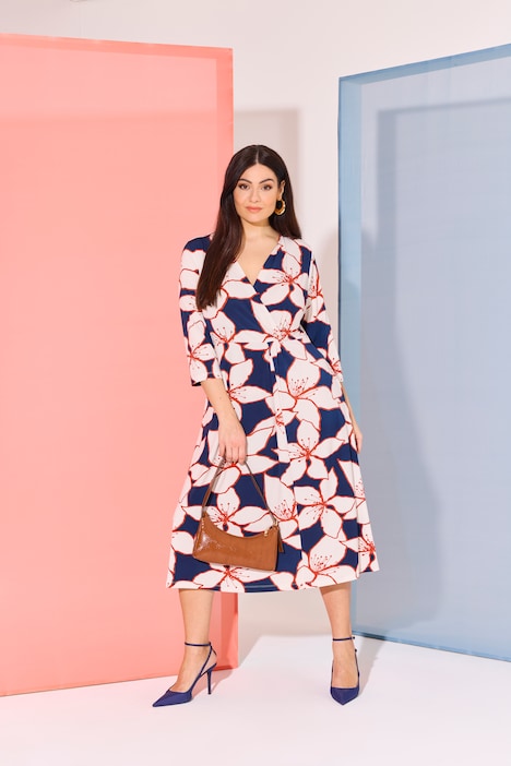 Midi-jurk, bloemen, wikkellook, V-hals, 3/4-mouw