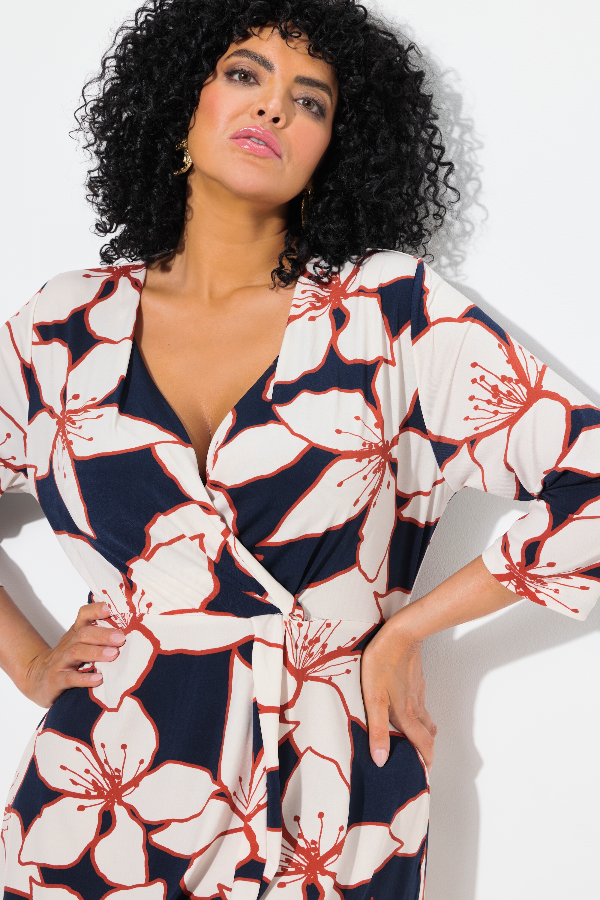 Ulla Popken Damen große Größen Midikleid Blüten Wickeloptik V Ausschnitt