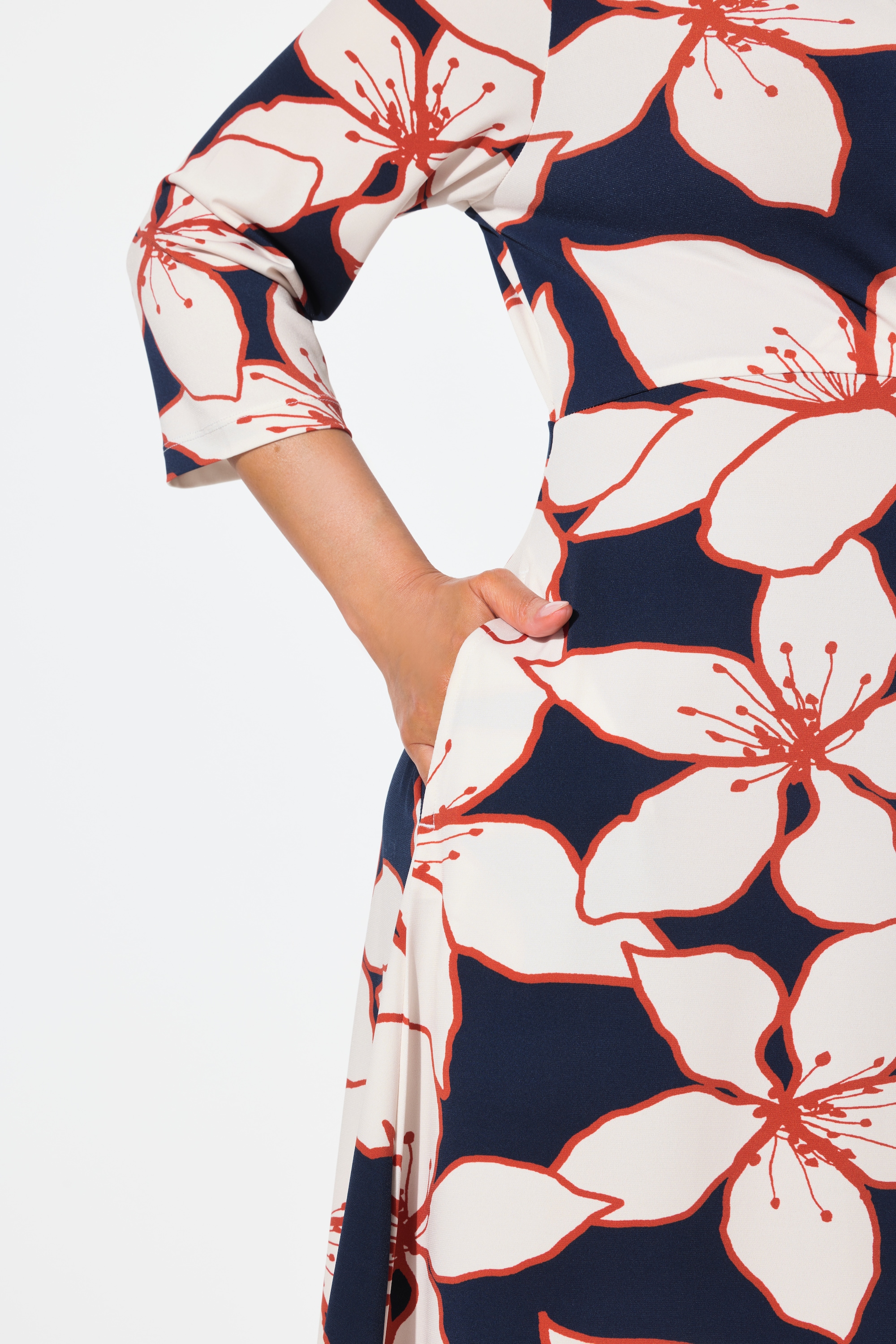 Ulla Popken Damen große Größen Midikleid Blüten Wickeloptik V Ausschnitt