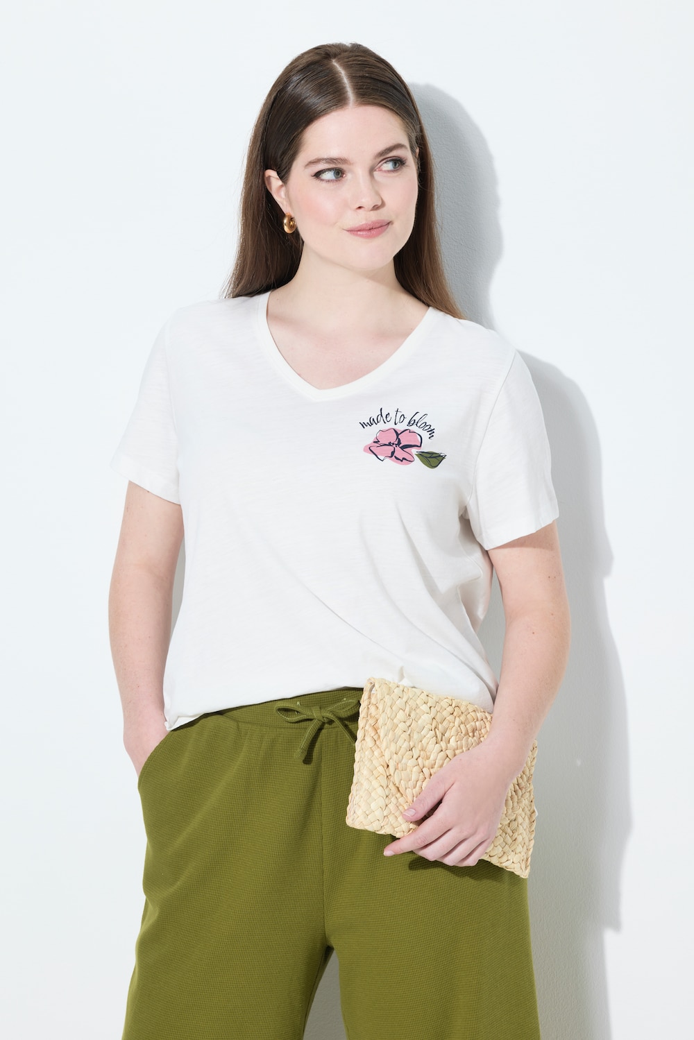 T-shirt, bloemen, V-hals, korte mouw, biologisch katoen