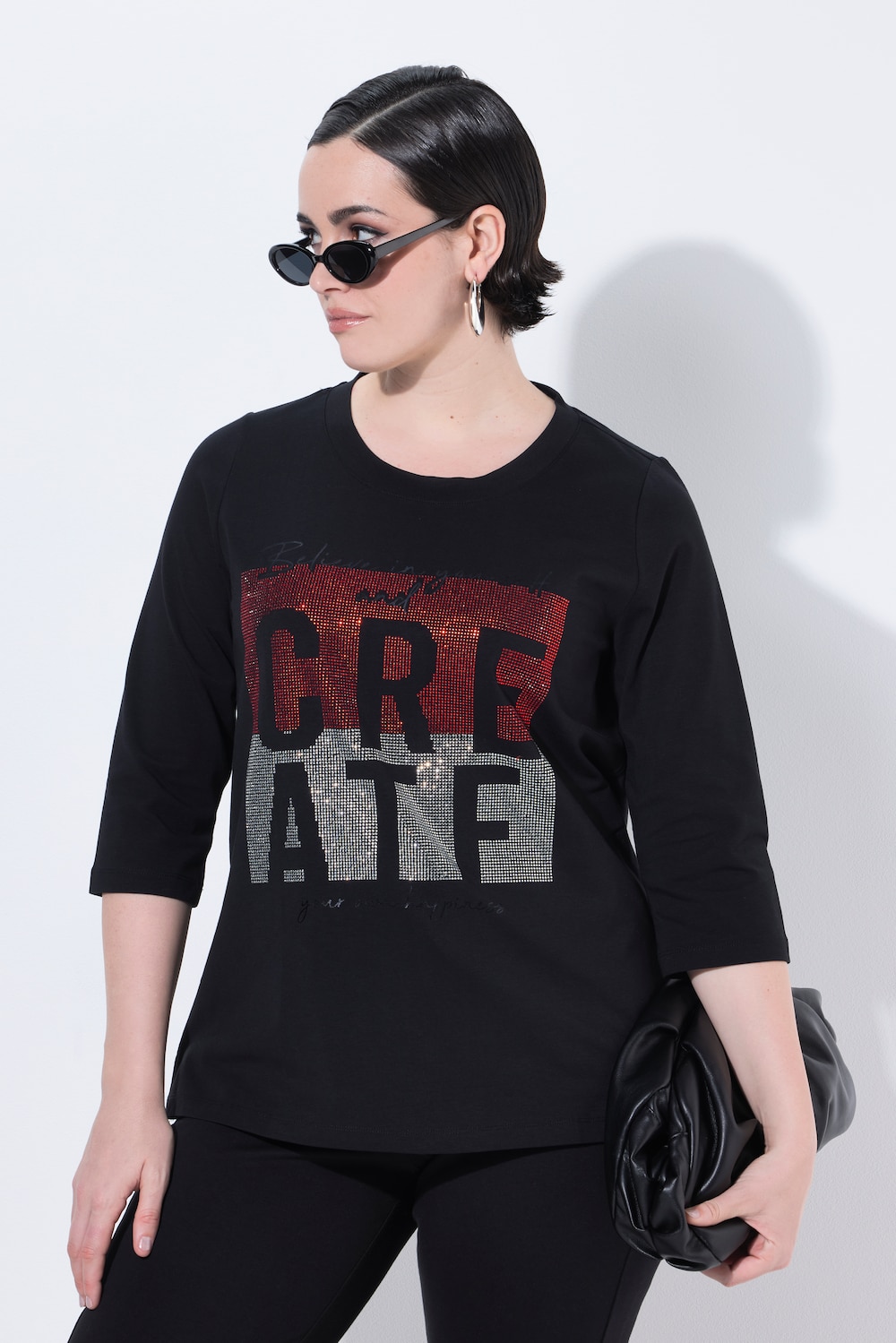 T-Shirt, Schriftmotiv, Rundhals, Stehkragen, 3/4-Arm