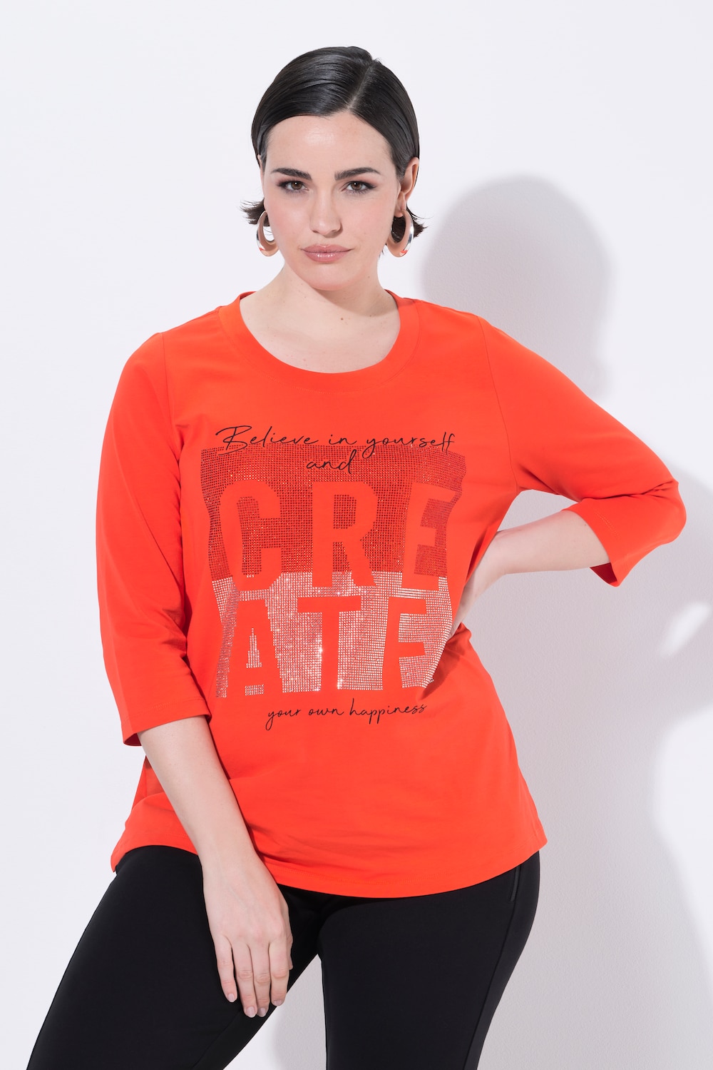 T-Shirt, Schriftmotiv, Rundhals, Stehkragen, 3/4-Arm