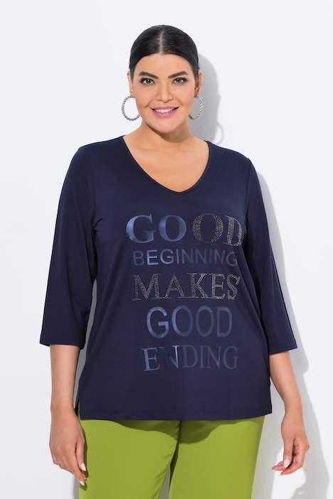 Shirt, Metallic-Schriftdruck, V-Ausschnitt, 3/4-Arm