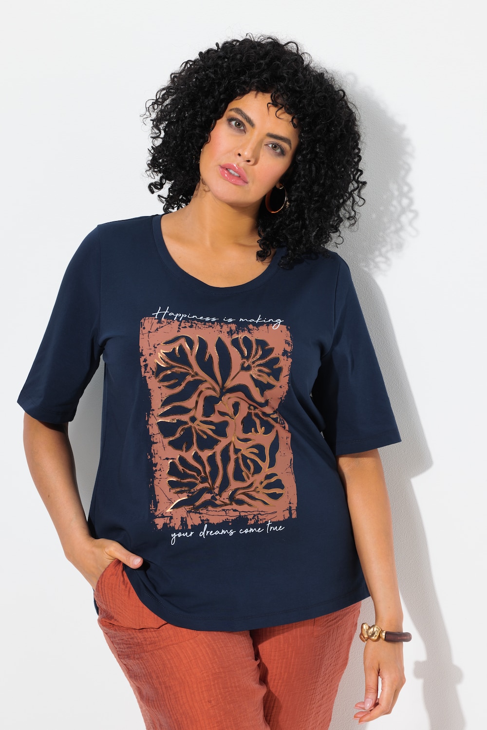 T-Shirt, Metallic-Blumen, Rundhals, Halbarm