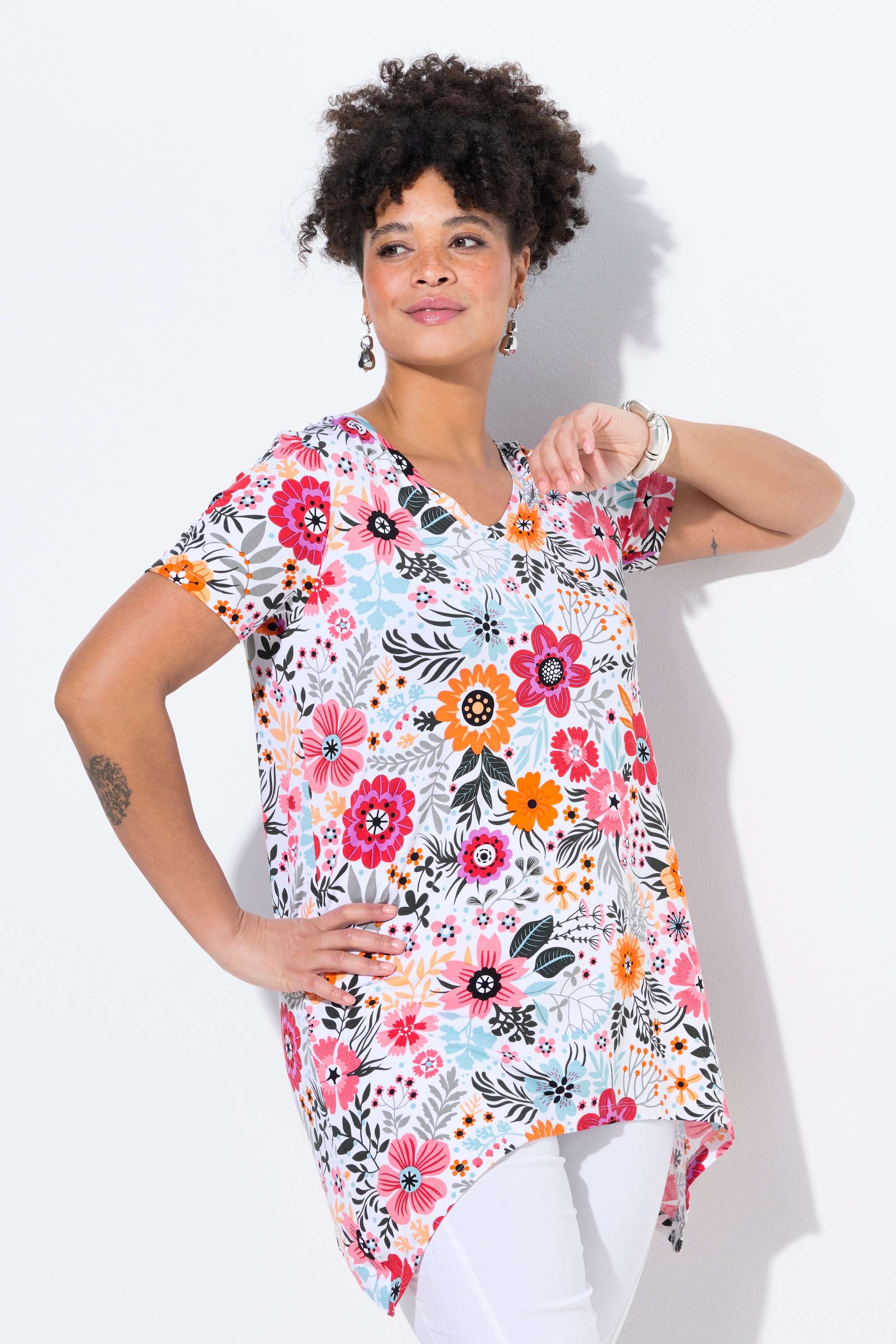 MIAMODA Damen große Größen T Shirt Blumenmuster Zipfelsaum 840838