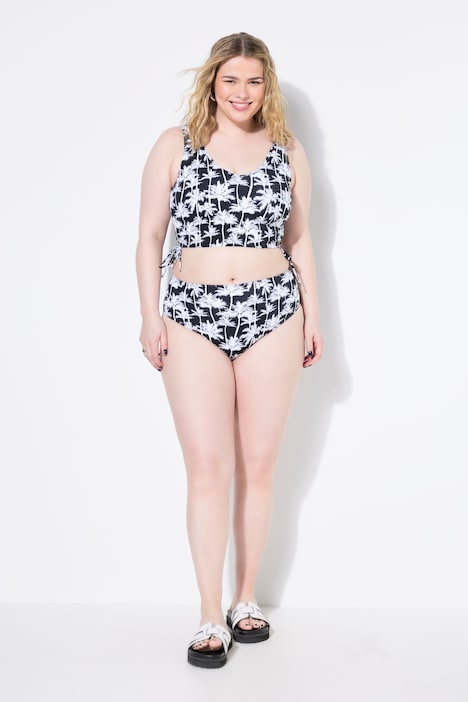 Haut de bikini avec bonnets souples, imprimé palmiers et cordons à froncer