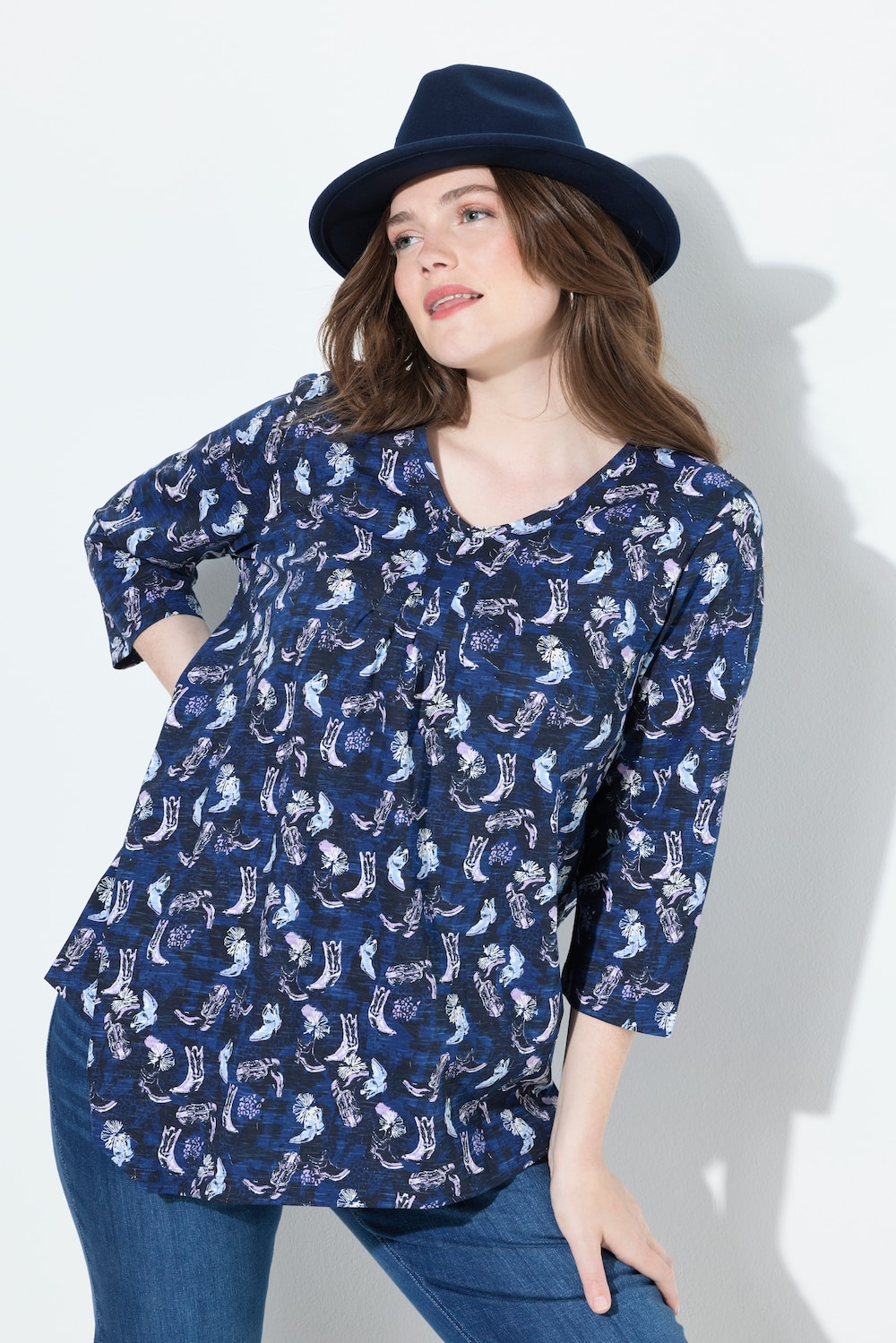 Shirt, Blüten, Zierfalten, A-Linie, V-Ausschnitt, 3/4-Arm