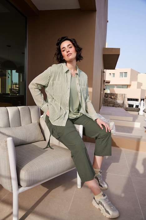 Gestreepte blouse, crêpe, overhemdkraag, lange mouwen