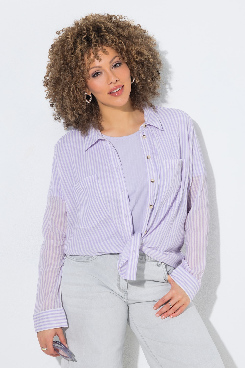 Stripete bluse, krepp, skjortekrage, lange ermer