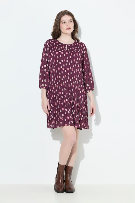 Vestido plisado, flores, de doble capa, cuello redondo, manga 3/4