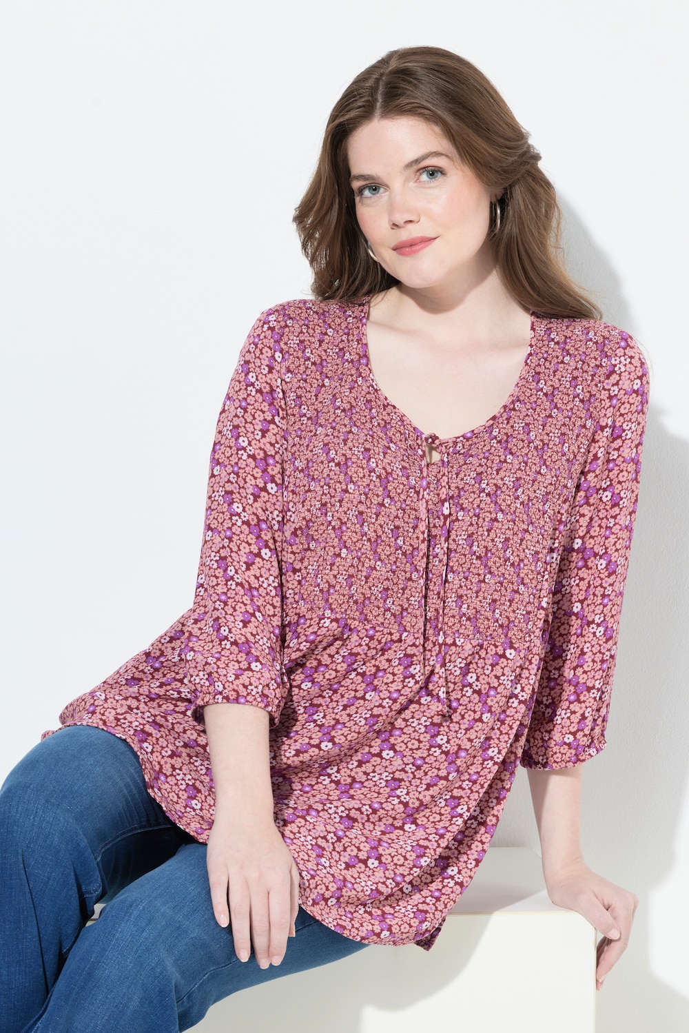 Gerimpelde blouse, bloemen, A-lijn, ronde hals, 3/4-mouw