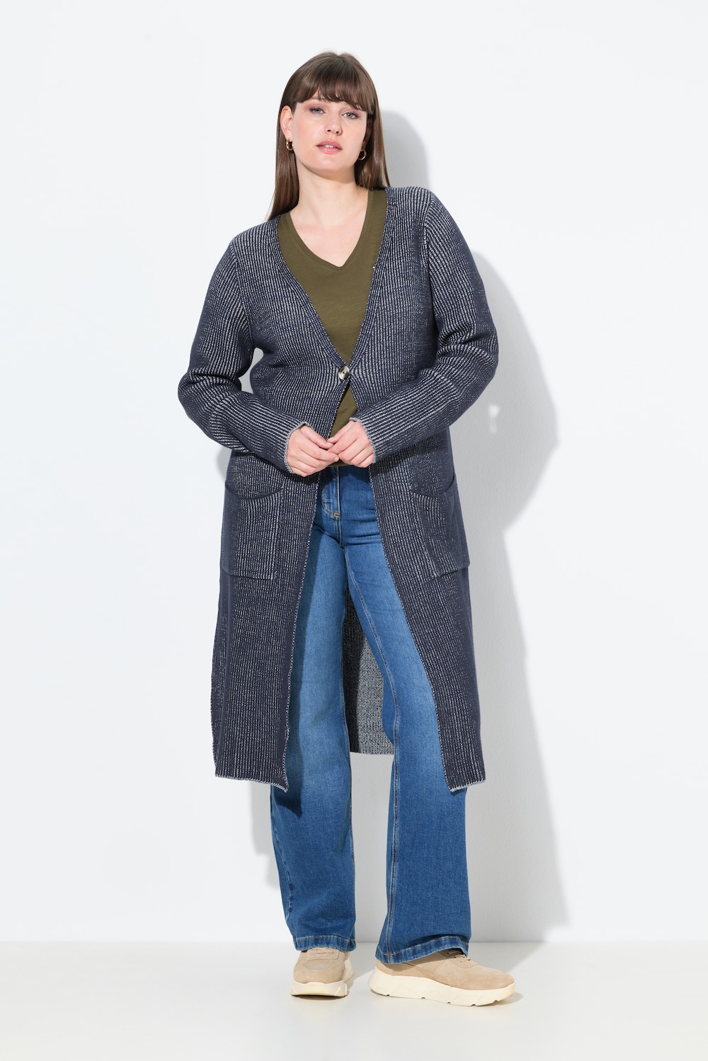 Große Größen Lang-Strickjacke, Damen, blau, Größe: 50/52, Baumwolle, Ulla Popken