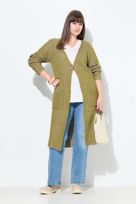 Lang-Strickjacke, Rippstrick, V-Ausschnitt, Biobaumwolle